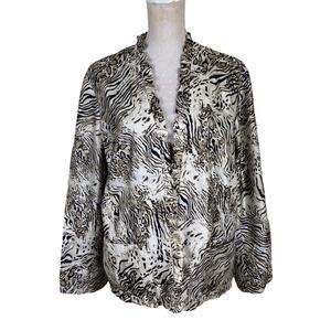 Chico's Silk Animal Print Jacket Size XL Ivory Beige Ruffle‎ Open Front